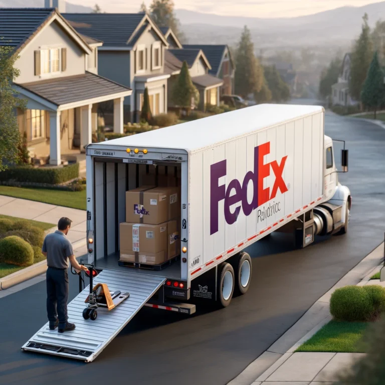 DALL·E 2024-05-28 20.09.45 - A Fedex tractor trailer with the driver unloading a pallet via the liftgate on the back of the trailer. The scene is set in a suburban subdivision, wi